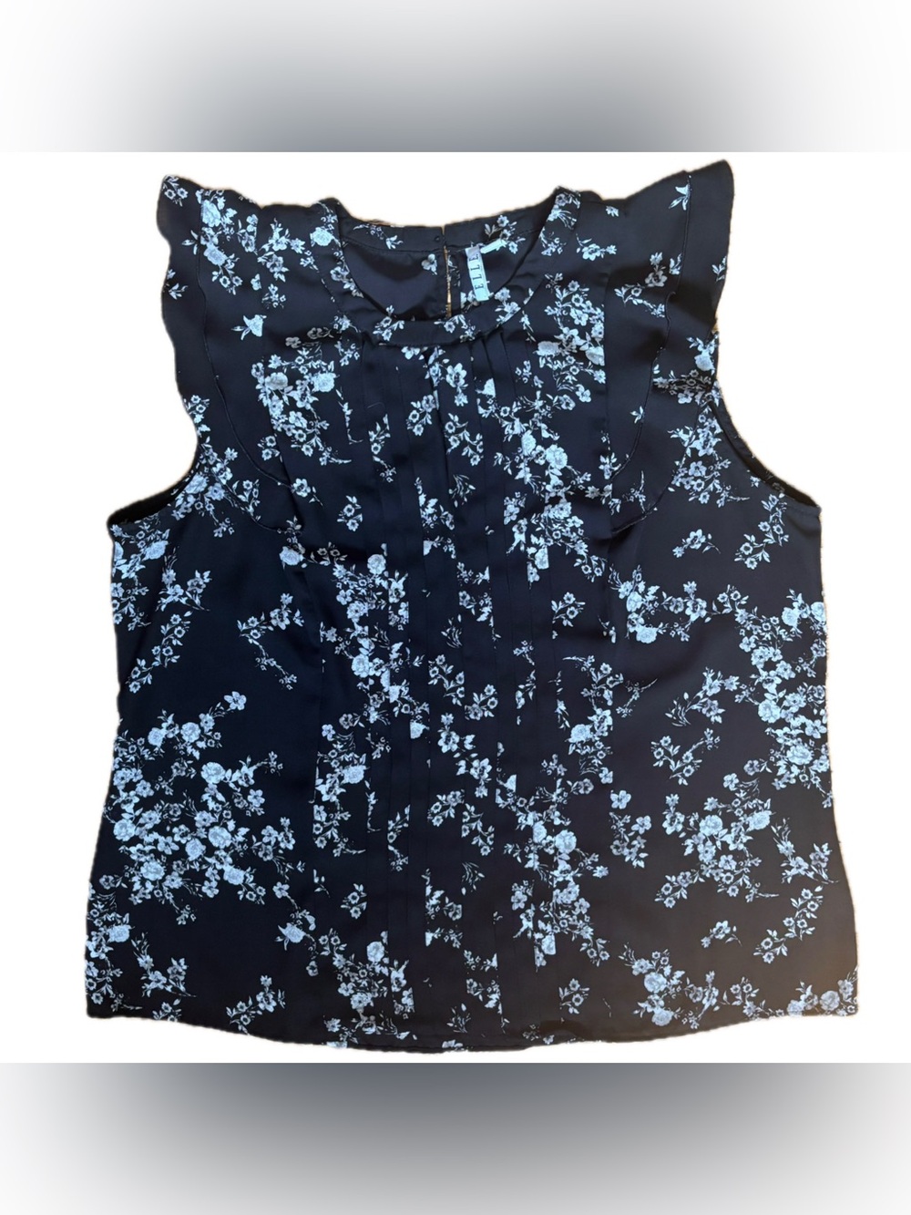 Elle Black Floral Blouse Sz Large Ruffle Trim Pleated Chest Shirt Top Whimsigoth